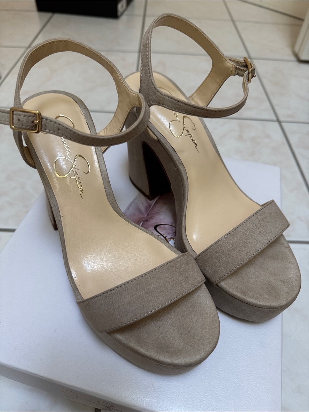 Jessica Simpson Neutral Taupe Suede Platform Ankle-Strap Sandals